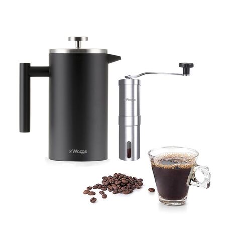 Set Cafetera Prensa Francesa y Molinillo Manual AInox Waggs Negro