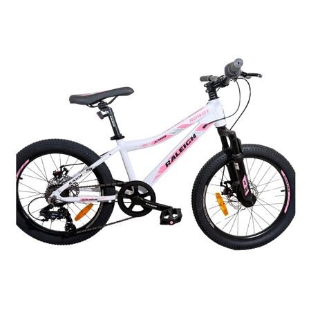 Bicicleta Raleigh Rowdy D / Blanco/Rosa / Frenos a disco mecánicos / Cuadro de aluminio / 7Vel. / Rodado 20".