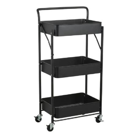 Carro Organizador Metal Negro Plegable 3 Estantes C/ruedas Negro