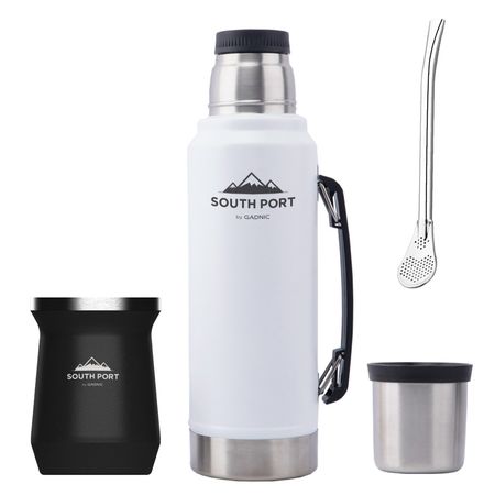 Kit de Termo Blanco 1L, Mate Negro y Bombilla South Port Acero Inoxidable