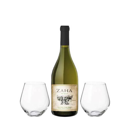 Set Vino Blanco Zaha Chardonnay y 2 Copas Sin Pie Con Estuche
