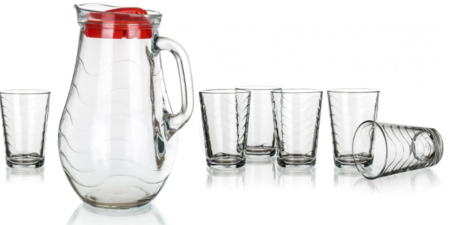 Set Jarra con tapa y 6 Vasos Agua Gaseosa Vidrio Pasabahce