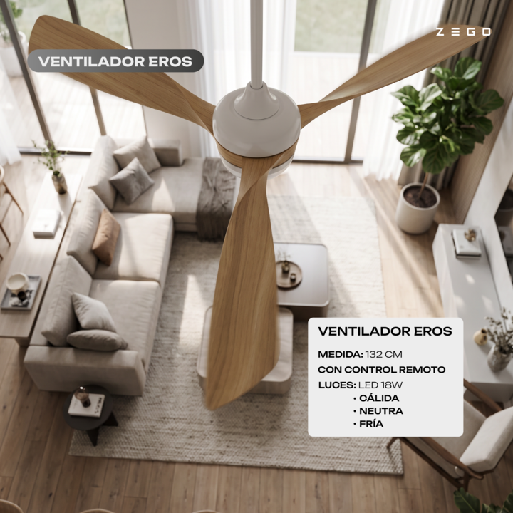 Ventilador Techo Eros Zego Luz Led Control Madera Premium - Vista 2