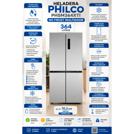 Heladera Philco PHSM364XTI 364 Litros Acero No Frost Multidoor