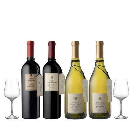 Set Vinos Combinados Pequeñas Producciones x 4 y 2 Copas Con Estuche