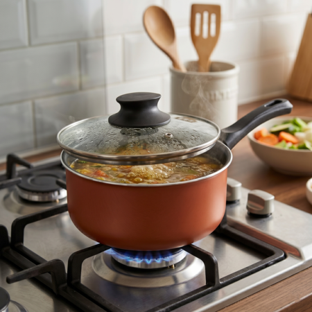 Cacerola Olla 18 Cm Con Tapa De Vidrio Antiadherente Aston Marrón