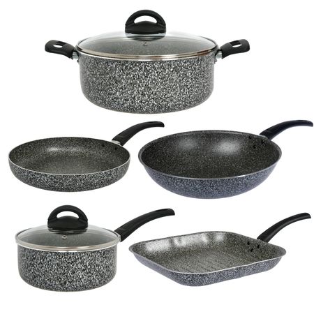 Bateria 7 Piezas Cacerola Olla Sartén Bifera Wok Aston Pedra Gris Antiadherente