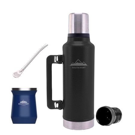 Kit de Termo Negro de 1.3 Litros, Mate Azul y Bombilla South Port Acero Inoxidable