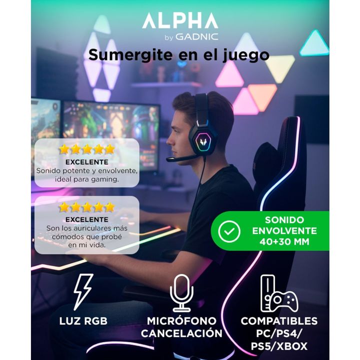 Auriculares Game Alpha Gadnic 8800 Play Micrófono Luz RGB Cancelación Sonido - Vista 2