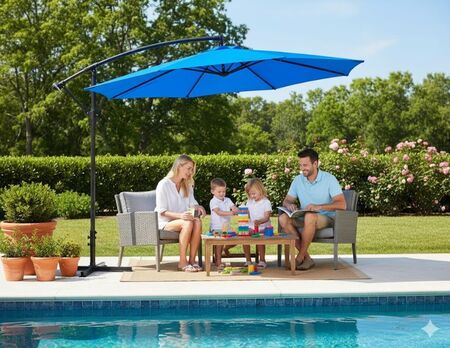 Sombrilla Jardin Lateral Banana Natural Con Base 3 Metros Color Azul Lisa Circle Line
