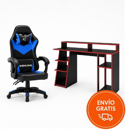 COMBO SILLA GAMER SHENLONG SH-GC135 NEGRA Y AZUL + ESCRITORIO ES0009 FIPLASTO