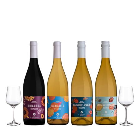 Set Vinos Combinados Pequeñas Fermentaciones x 4 y 2 Copas Con Estuche