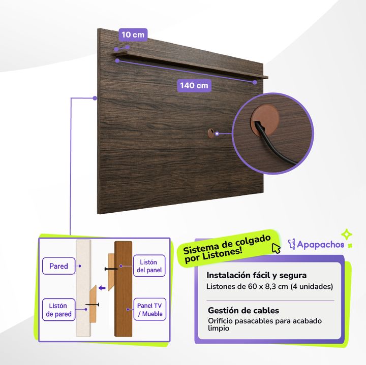 Panel Flotante para TV Reforzado Nogal Maximo Milan - Vista 4