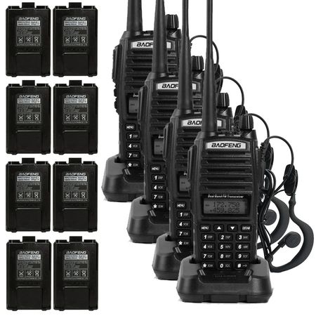 Handy Baofeng UV-82 10w Kit x4 Bi-Banda 128CH Hasta 20km + 8 Baterías y 4 Manos Libres