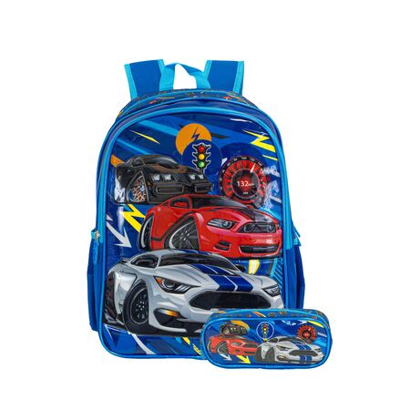Mochila Escolar Reforzada + Cartuchera Autos Nene Varon Primaria