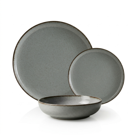 Set Vajilla 12 Piezas Plato Playo Postre Hondo Bowl Filo Envejecido Gris