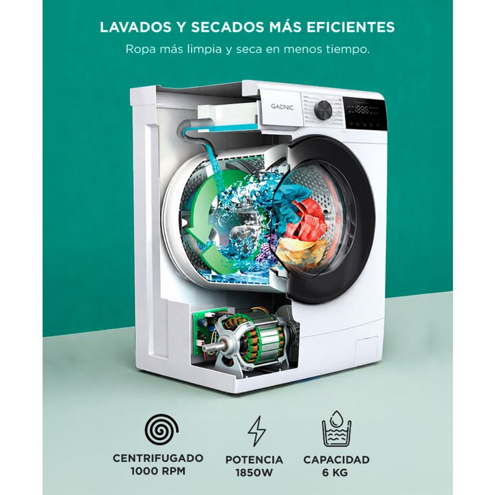Lavarropas Gadnic 6 kg Inverter 1000 RPM 14 Programas 1850W Clase A Blanco - Vista 3