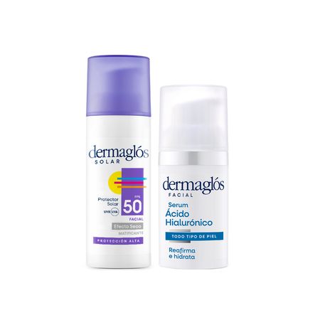 Dermaglos Set Solar Efecto Seco F50 + Serum Acido Hialuronico