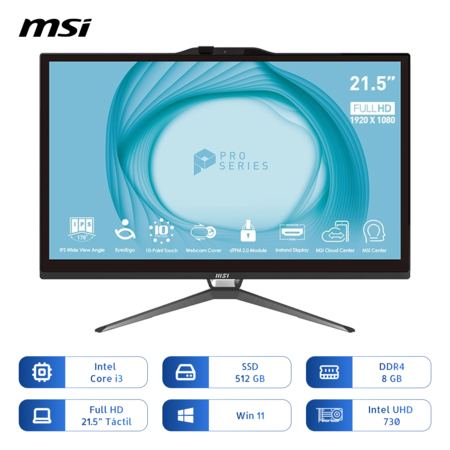 PC All In One Msi Pro Ap222t Intel Core I3-13100 512gb Ssd 8gb 21.5 Pulg Tactil Negra
