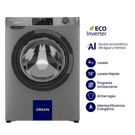 Lavarropas Ecoinverter con IA 8 Kg 1400 RPM Gris Drean LCFDR0814SG1