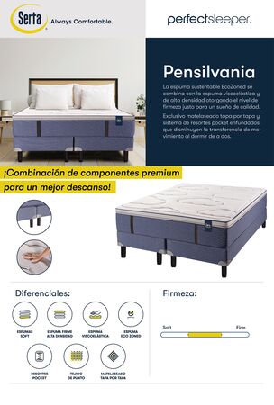 Colchon y Sommier Serta Pensilvania 1 Plaza y Media 100x200x32 de Resortes Pocket Con Pillow Inteligente Viscoelastico