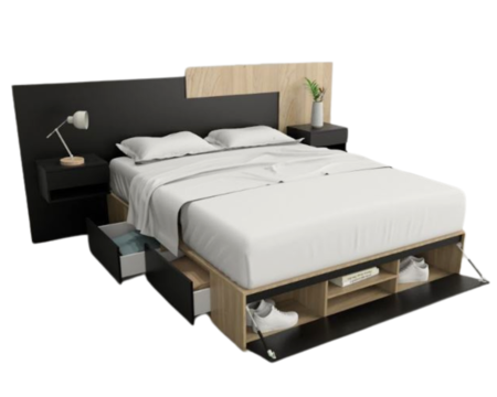 Base Cama Box Linea Minimal 1.60m 4 Cajones Con 1 Puerta 6443 Olmo/Negro Tables