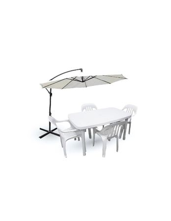 COMBO JARDÍN: MESA RECTANGULAR MARGARITA + 4 SILLAS REJILLADAS + SOMBRILLA 3MT