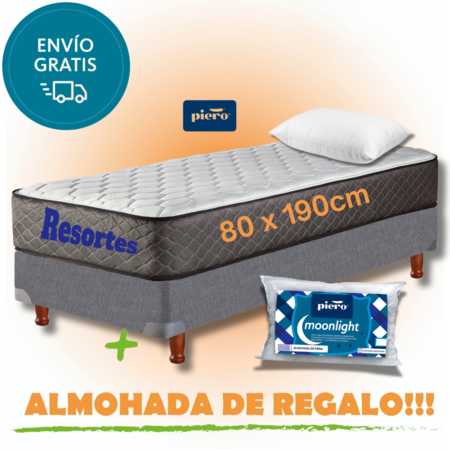 Sommier y Colchon Piero de Resortes Continuos 1 plaza (80x190cm.)