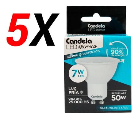 Pack X 5 Lámparas Led Dicroica Candela 7w Reemplaza 50w