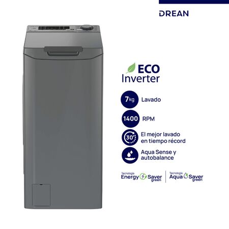 Lavarropa Carga Superior 7 Kg Gris 1400 Rpm Inverter Drean Ltdri0714pg