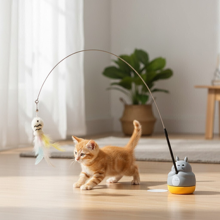 Juguete Estimulo Gato Gira 360 Caña 65 Cascabel Pluma Totoro