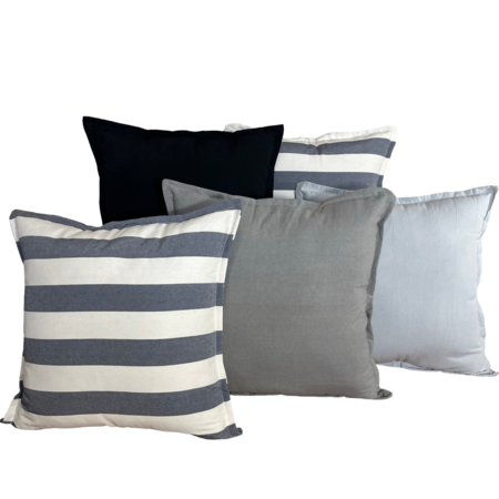 Combo 5 almohadones Tusor 40x40 Diseños Gris perla, elefante, raya gruesa y negro