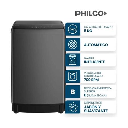 LAVARROPAS AUTOMATICO DE 5 KG CARGA SUPERIOR GRIS PHILCO