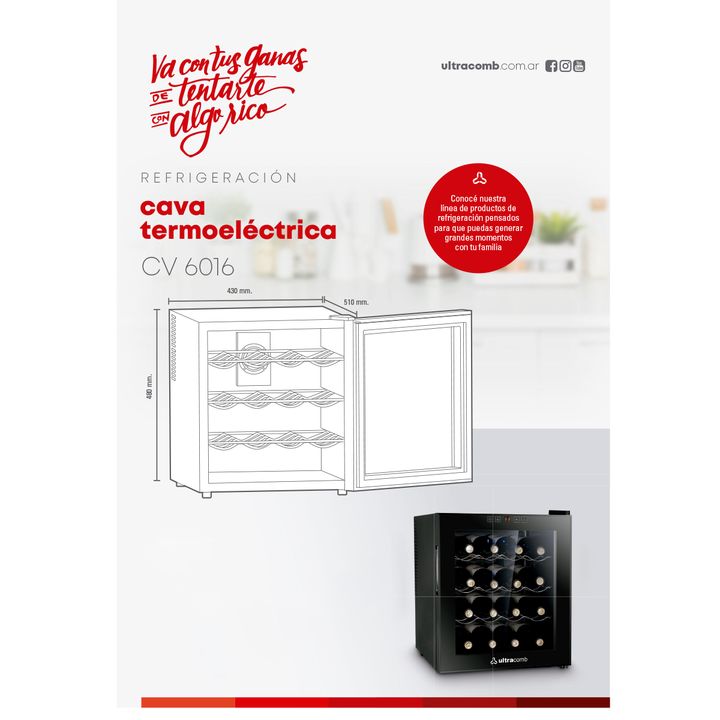 Cava de Vinos Termoeléctrica Ultracomb CV-6016 16 Botellas 50 Lts Negro - Vista 4