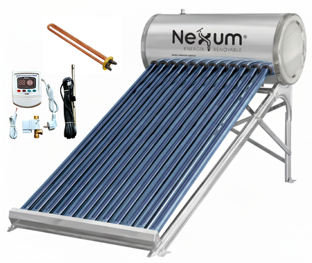 Termotanque Solar Nexum Termosifónico 100 Litros Acero Inoxidable con Resistencia Eléctrica y Controlador