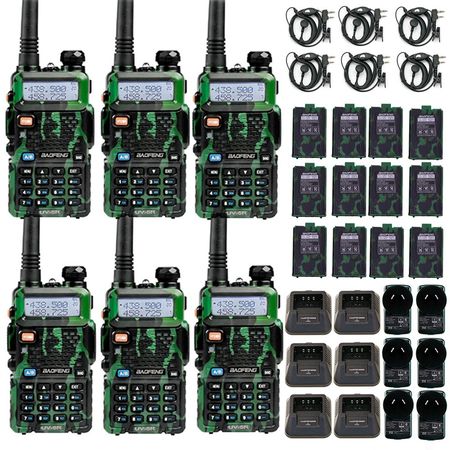 Handy Baofeng UV-5R 8w Camuflado Bi-Banda Kit x6 Hasta 12km + 12 Baterías y 6 Manos Libres