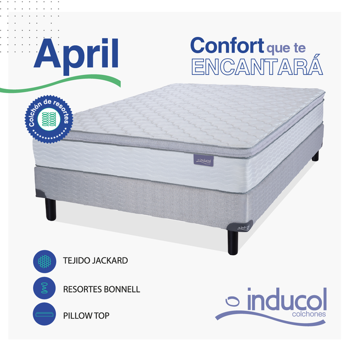 Colchon y Sommier Inducol April 2 Plazas y Media 140x190 Resortes Bonnell y Pillow Top Blanco - Vista 4