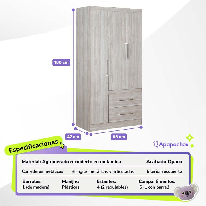 Placard Ropero Marfil 3 Puertas 2 Cajones Reforzado Maximo Fortaleza - Vista 3