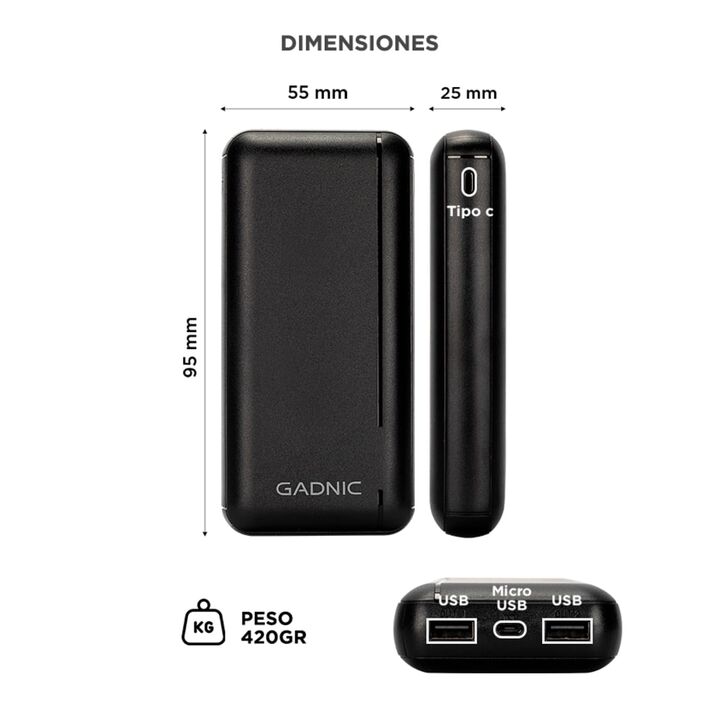 Cargador Portátil Gadnic Batería 25000 mAh Carga Rapida 5V 2A Dual USB Entrada Micro USB C - Vista 6