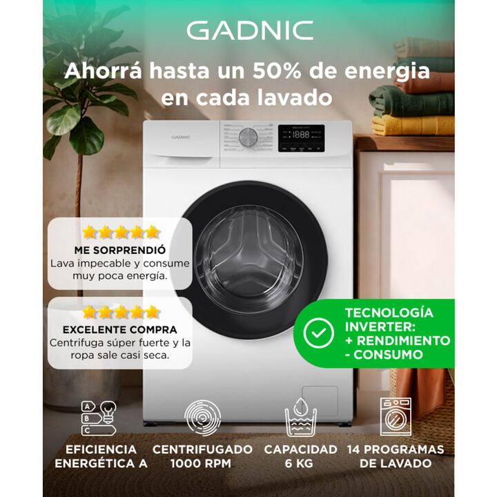 Lavarropas Gadnic 6 kg Inverter 1000 RPM 14 Programas 1850W Clase A Blanco - Vista 2