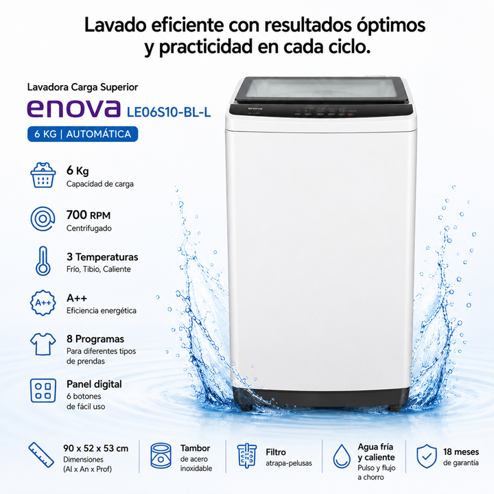 Lavarropas Enova LE06S10-BL-L 6Kg 700Rpm Blanco Superior - Vista 3