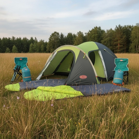 Combo Carpa 2 Personas Camping Trekking Mochila Silla Foco Verde