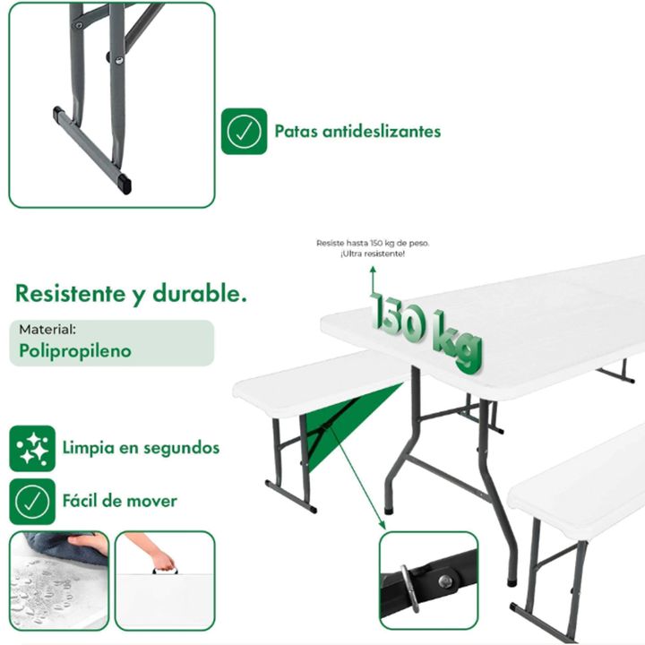 Banco Picnic Plegable Con Estructura De Acero 1.20 Mts Garden Life T420000 Blanco - Vista 4