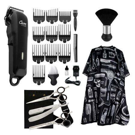 Set Peluquería Tijera de Pulir Navaja + Capa de peluquería + Brocha + Cortadora de Pelo Recargable