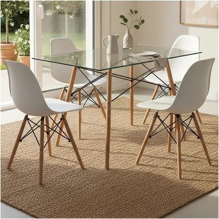 Juego De Comedor Mesa Vidrio 80x120 + 4 Sillas Hogar Premium Blanco