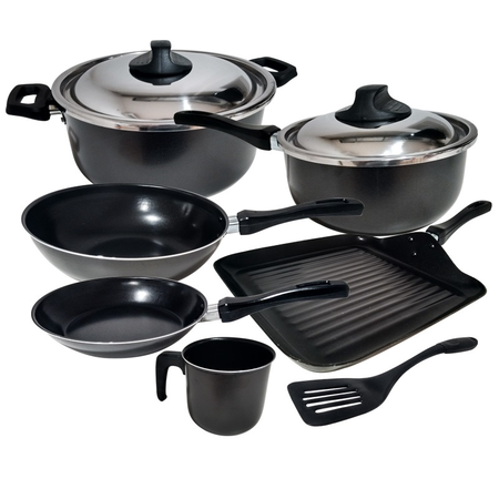 Bateria De Cocina Antiadherente Teflon Guadix Set Sarten Wok Gris Oscuro