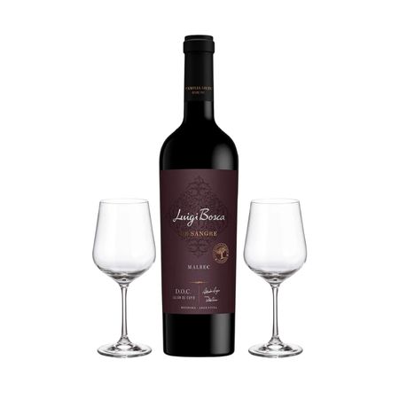 Set Vino Tinto Luigi Bosca Malbec de Sangre DOC y 2 Copas Con Estuche