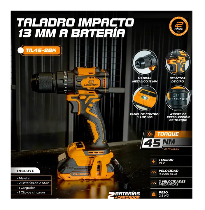 Taladro Percutor Lusqtoff Til45-8bk 13mm 18v Mandril Metal Naranja 50 - Vista 5