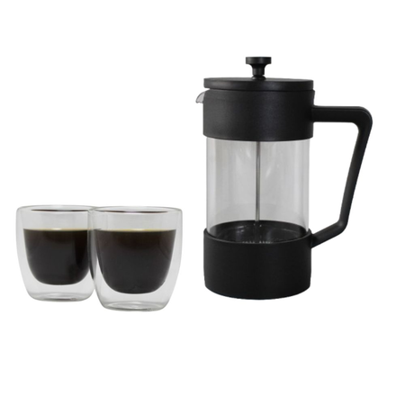 Set Cafetera con embolo 1L 2 tazas cafe termicas vidrio doble