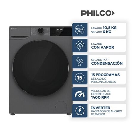 Lavasecarropas Philco PHLS1054DGN 10.5Kg Seca 6KG 1400Rpm Gris Oscuro Inverter